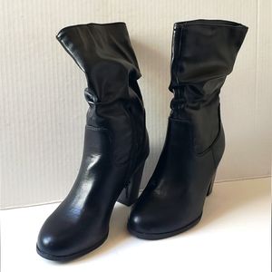 Me Too Slouchy Calf High Boots with Half Zip, Black Faux Leather, 6.5 Women's US